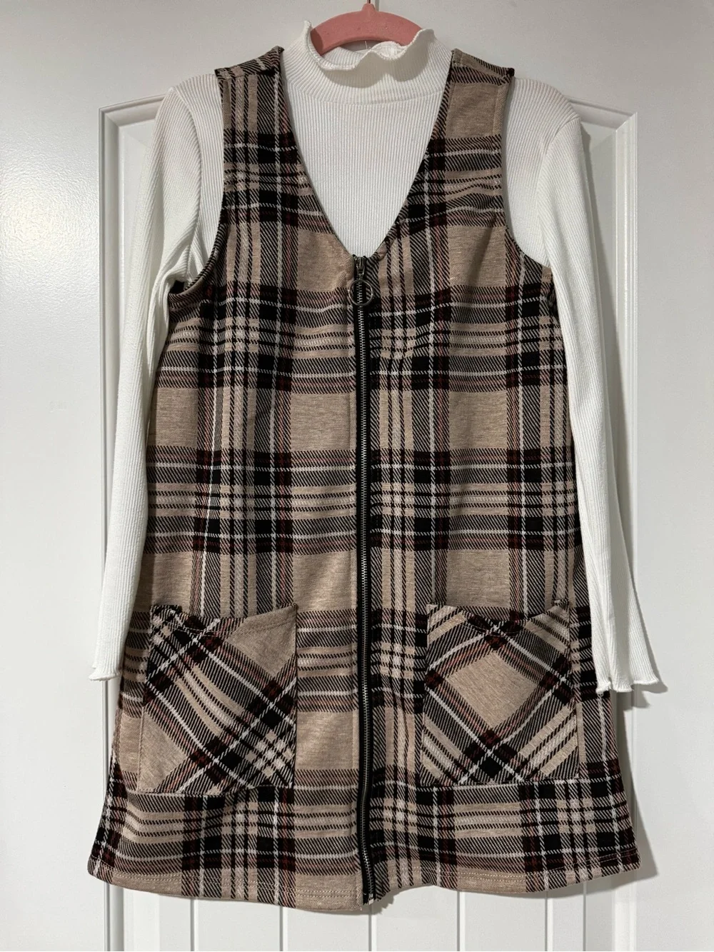 btween Brand Beige Plaid Zip-Front Sleeveless Tunic and LS Top - EC - Size